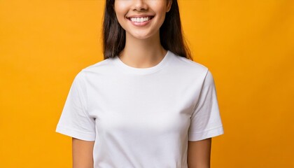 smile young woman fit in frame wearing bella canvas white shirt mockup isolated color background - obrazy, fototapety, plakaty