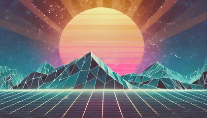 retro futuristic background 1980s style digital landscape in a cyber world retro wave music album cover template with sun space mountains and laser grid on terrain - obrazy, fototapety, plakaty