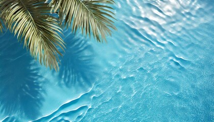 Fototapeta na wymiar aqua waves and coconut palm shadow on blue background water pool texture top view tropical summer mockup design luxury travel holiday 3d render