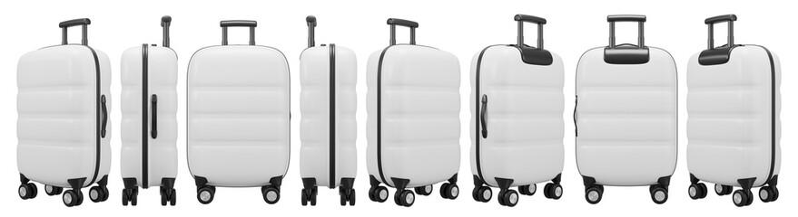 Isolated white closed travel suitcase in different positions. 3D rendering.