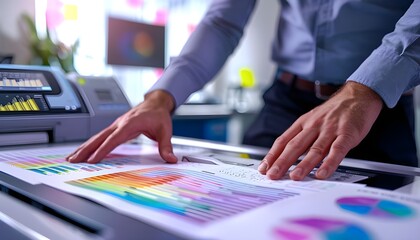 Fototapeta premium Close-up of a man printing company graphs and statistics. Concept: sales and statistics