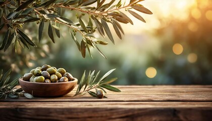 olive branches on wooden table blurred garden in sunset light copy space - obrazy, fototapety, plakaty