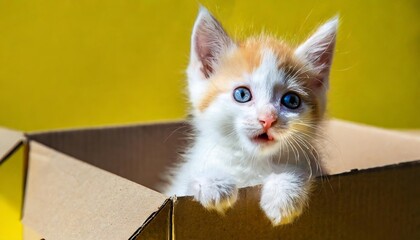 funny kitten in a cardboard box isolated on a colored yellow background with a place for text cute...