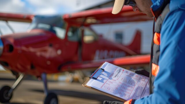 Focused pilot reviewing a checklist with a vibrant red aircraft in background