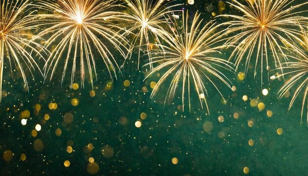 silvester sylvester 2024 new year new year s eve party background banner panorama illustration abstract gold firework fireworks on dark green texture with bokeh lights