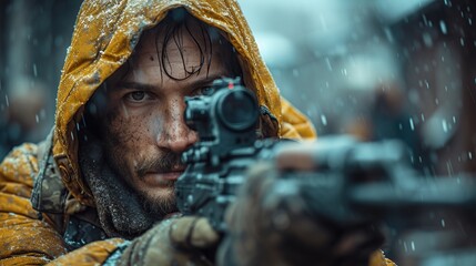 Intense Gaze of a Man Holding an Assault Rifle in the Rain