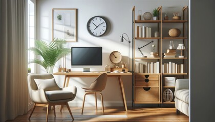 A cozy and neat Scandinavian style workspace with a computer monitor on a wooden desk, surrounded by plant decor and floating shelves.