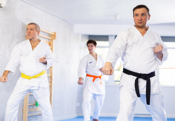 Obraz premium Motivated sporty man wearing white kimono and black belt performing kata routines to hone martial arts skills in training room with group of karate practitioners