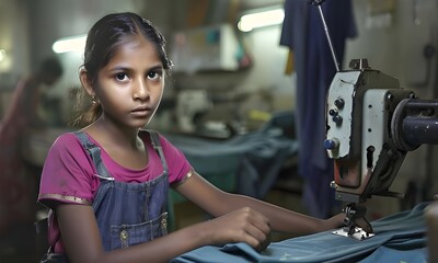 10-year-old Indian girl working in a clothing factory

 - obrazy, fototapety, plakaty