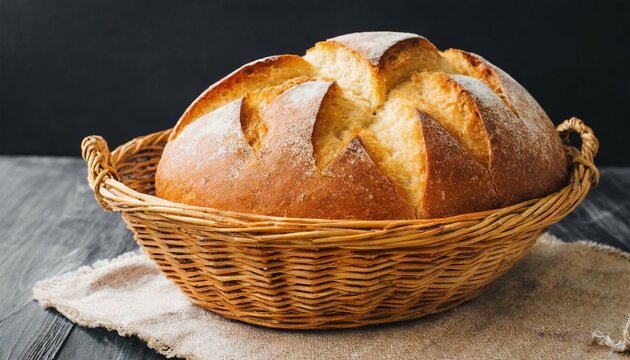 fresh baked white bread in a wicker basket on the table on black background