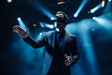 a technology conference keynote speaker stood on a stage wearing a vr headset