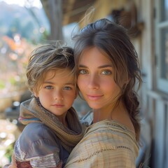 Cute young mother taking care of her little son, outside in the yard at home, close-up portrait photo, beautiful color eyes, generative AI