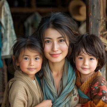 Beautiful Asian mother with her children dressed in traditional clothes and kimono at home, generative AI