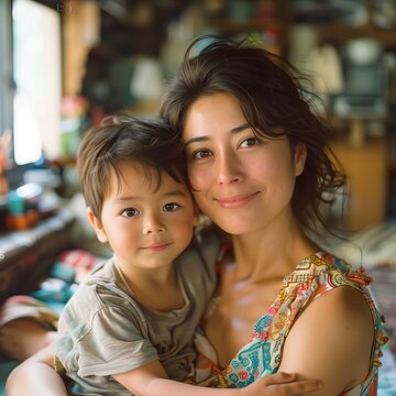 Image of Asian mom smiling, hugging her son lovingly, portrait photo at home, close-up, colorful dress, generative AI