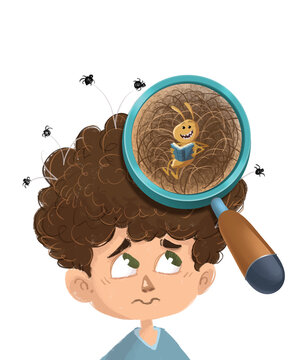 Ni&ntilde;o con piojos en la cabeza vistos desde una lupa