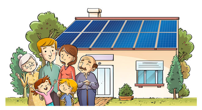 Familia en casa con paneles solares