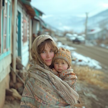 Portrait image of a mother carrying her son with love, in winter, warm clothes with mintanas and houses behind, blondes with beautiful blue eyes, generative AI