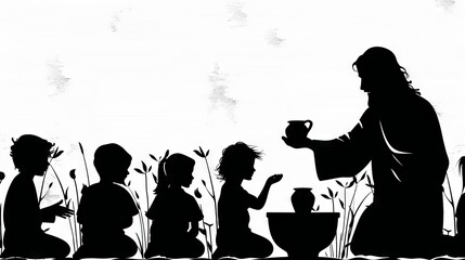 Silhouette of Jesus Christ teaching pottery to children as a form of art therapy.