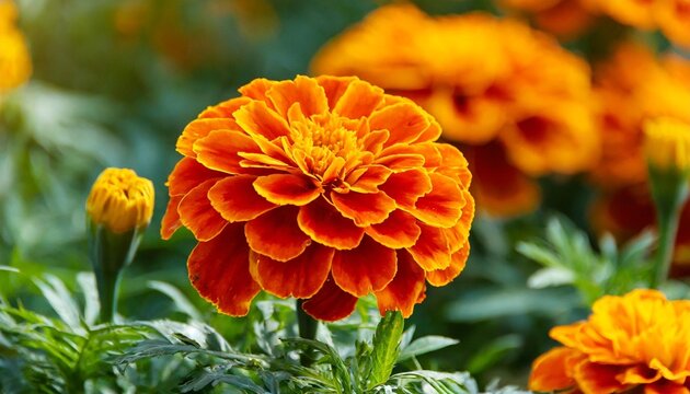 tagetes patula french marigold in bloom orange yellow flowers green leaves full bloom
