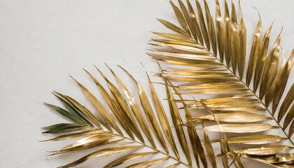 gold tropical palm leaves on white background flat lay top view minimal concept