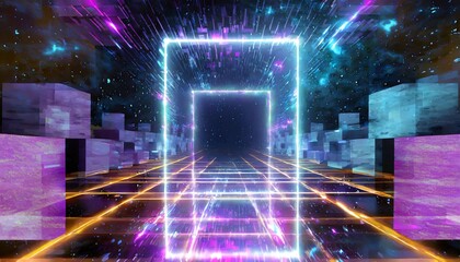 3d abstract neon background glowing rectangular frame in cyber space fantastic scene in virtual reality road between walls of blocks under the night sky