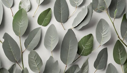pattern texture with green leaves eucalyptus isolated on white background lay flat top view