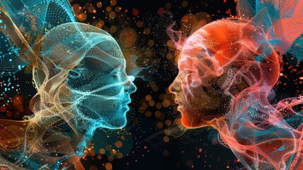 two AI forms, each bearing unique digital patterns, moving towards each other,merging form adopts aspects of both, highlighting the beauty of cooperative assimilation