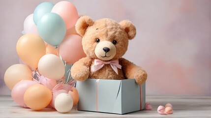 cute bear sitting in a gift box on a background of balloons, birthday and holiday concept, greeting card for a child, baby birthday card