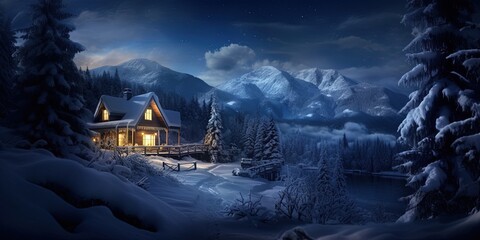 On a cold winter night, a cozy bed with fluffy pillows is framed by a large window that overlooks a serene snow-covered landscape, providing an inviting and peaceful refuge from the world outside