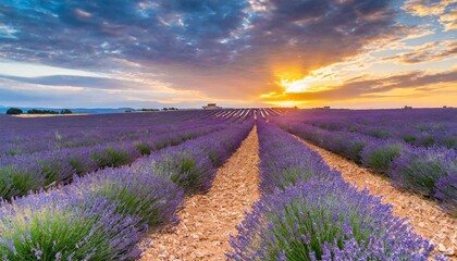 lavender field in blossom rows of lavender bushes stretching to the skyline stunning sunset sky at...