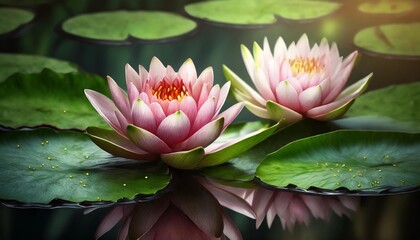 two beautiful pink water lily buds with green leaves in a pond on a sunny day