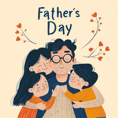 Father with his children embracing each other for Father's Day. Minimal style illustration banner