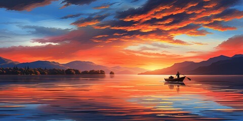 As the sky blazes with the colors of sunrise, a solitary boat glides across the calm water, reflecting the stunning landscape and carrying its passengers on a wild journey through the untamed beauty