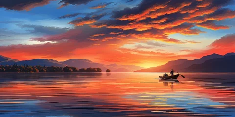 Foto op Aluminium As the sky blazes with the colors of sunrise, a solitary boat glides across the calm water, reflecting the stunning landscape and carrying its passengers on a wild journey through the untamed beauty © Svitlana