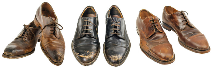 Pair of used rotten male dress shoes over white transparent background
