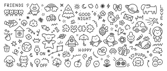 Cute hand drawn kid doodle icons set. Scribble set of sun, flower, smile, heart, animal, cloud, star, rainbow, fruit, tree. Vector trendy sketch childish elements for stickers, patterns, banners.