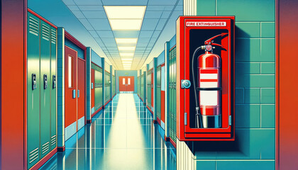 School corridor lined with colorful lockers and prominently displayed on the wall red fire extinguisher for safety.International Firefighters' Day.
