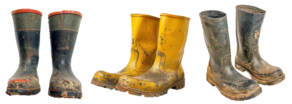 Used and dirty gum rain boats over isolated transparent background