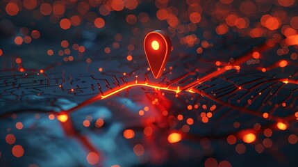 A glowing red marker stands out on the digital map, marking your destination - obrazy, fototapety, plakaty