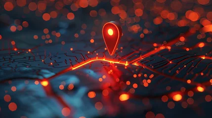 Foto op Aluminium A glowing red marker stands out on the digital map, marking your destination © Zahid