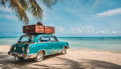 old vintage car loaded with luggage on the roof arriving on beach with beautiful sea view summer travel concept background