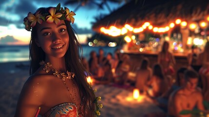 Enchanting Twilight Luau: Hawaiian Girl in Traditional Attire at Beachside Fiesta