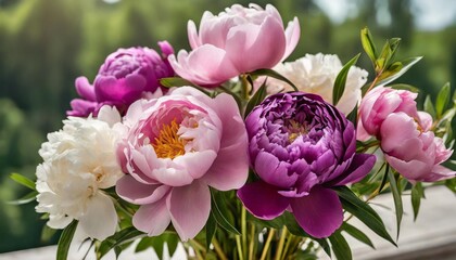 bouquet of pink and purple peonies arranged in a bunch with visible stems - obrazy, fototapety, plakaty