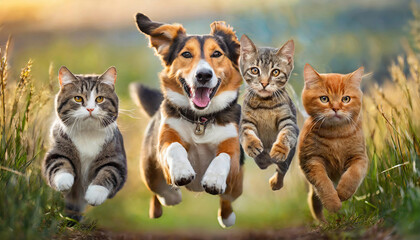 Dog and cats enjoying a playful run in the grassy field