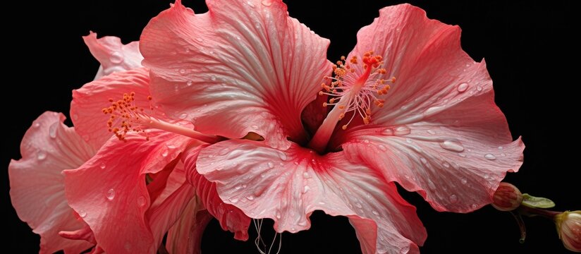 A detailed view of a vibrant pink Hibiscus Ros Sinensis flower against a dark black backdrop, showcasing its delicate petals and intricate details.