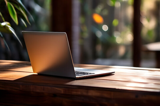 Organic Fusion: Laptop Nestled within Rustic Wooden Table