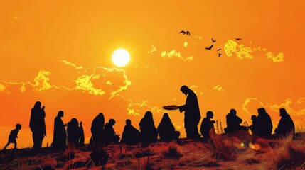 Silhouette of the feeding of the four thousand by Jesus - obrazy, fototapety, plakaty