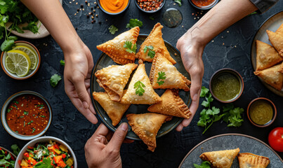 homemade golden samosas presented in a bowl by a woman, traditional ramadan food  - obrazy, fototapety, plakaty