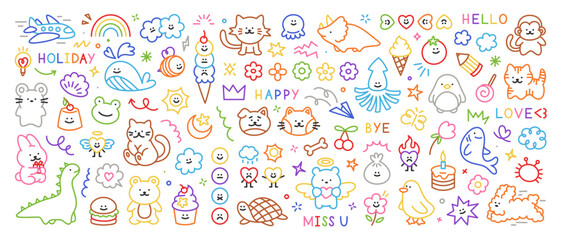 Colorful cute kid doodle icons set. Hand drawn scribble set of sun, flower, smile, heart, animal, cloud, rainbow, dinosaur. Trendy sketch vector childish elements for stickers, patterns, banners