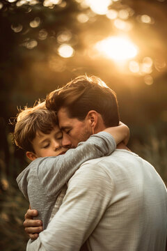 Father hugs his son in outdoors background. Father's Day vertical image concept